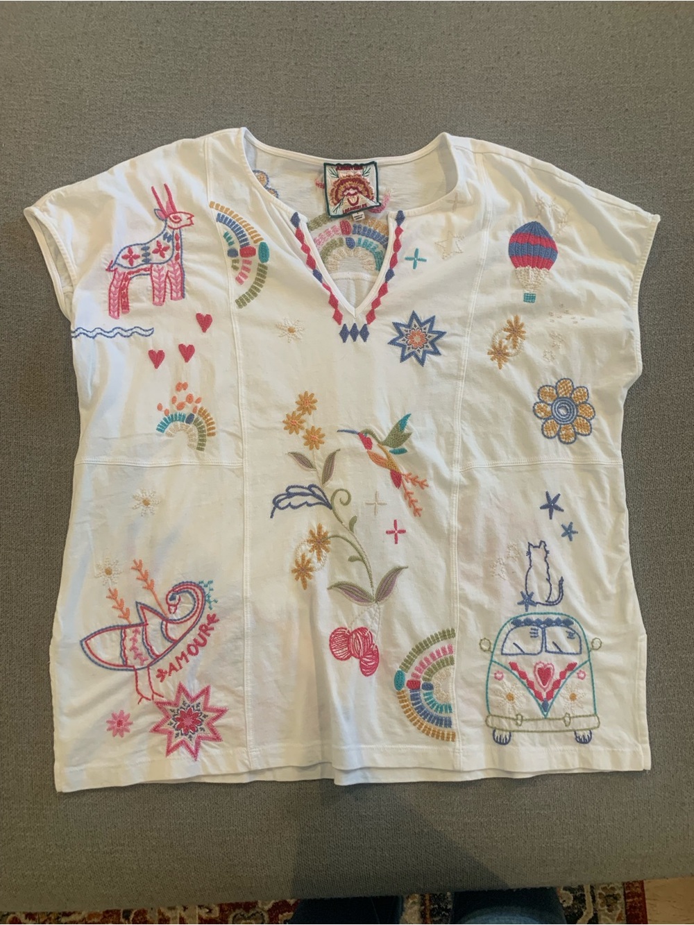 Johnny Was White Short-Sleeve Top with Multicolor Embroidery